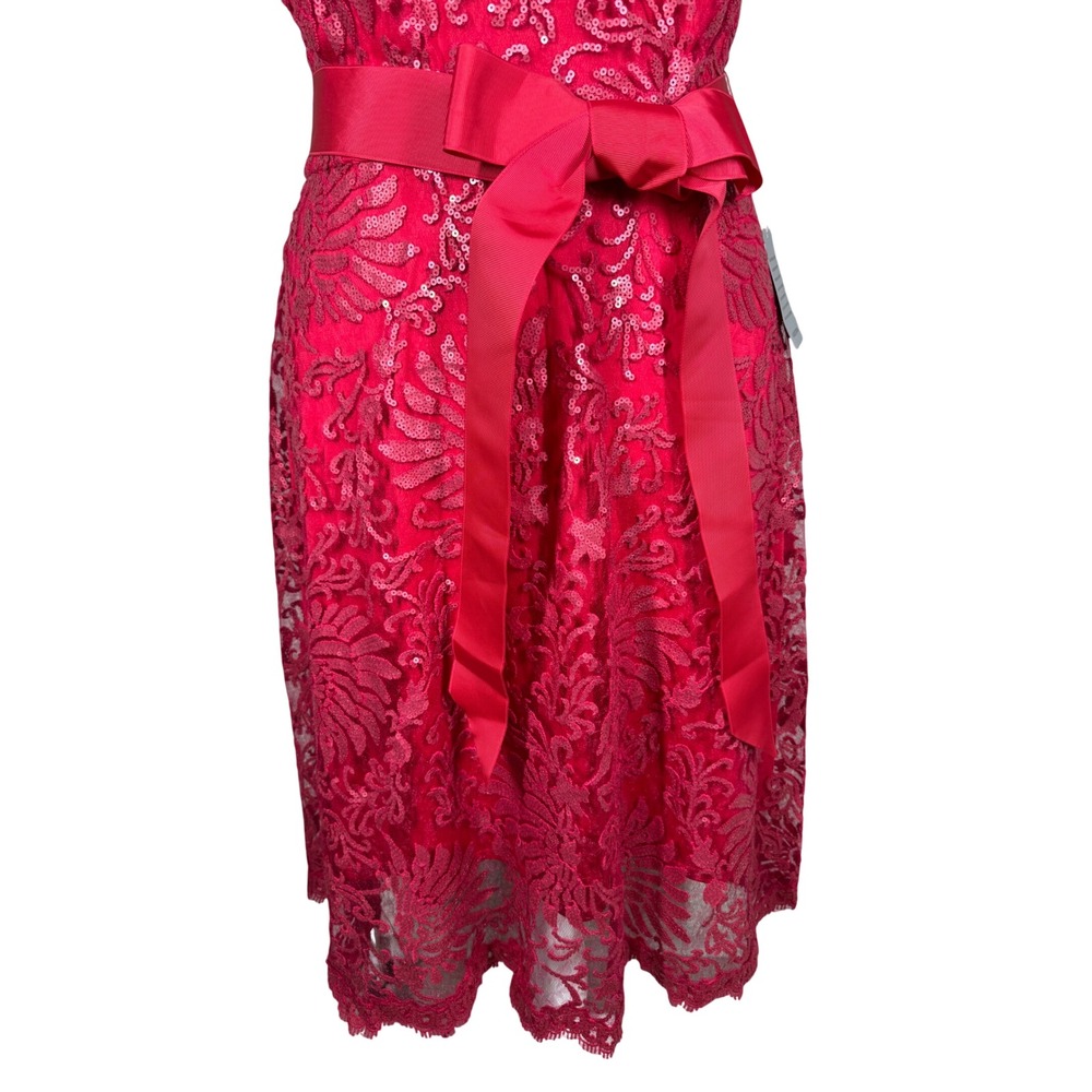 Tadashi Shoji Dress Womens 16 Red Sequin Lace Illusion Ribbon Belt Cocktail New - Picture 4 of 13